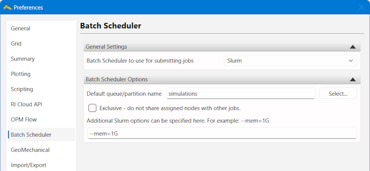 ResInsight Preferences - Slurm Workload Manager